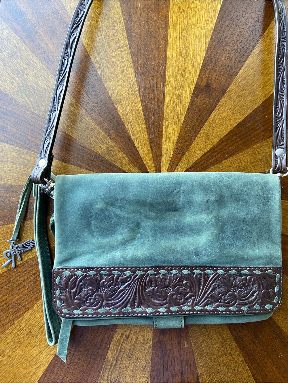 Green Suede Crossbody with Tooled Brown Leather Accent
